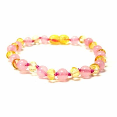 PULSEIRA DE ÂMBAR ADULTO BARROCO LIMÃO E QUARTZO ROSA POLIDO COM FECHO - 19 CM