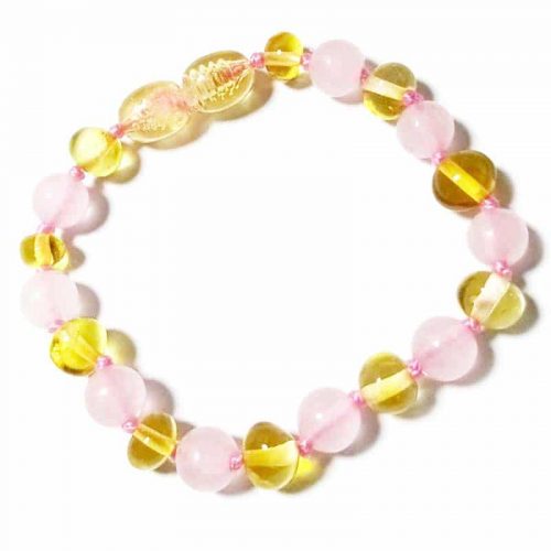 Pulseira de âmbar bebé barroco mel e quartzo rosa polido - 14 cm