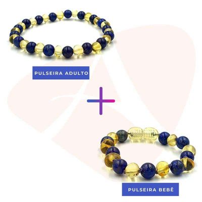 Kit com 2 pulseiras de âmbar bebé e mamãe barroco limão e lápis lazuli polido - 14cm e 18cm