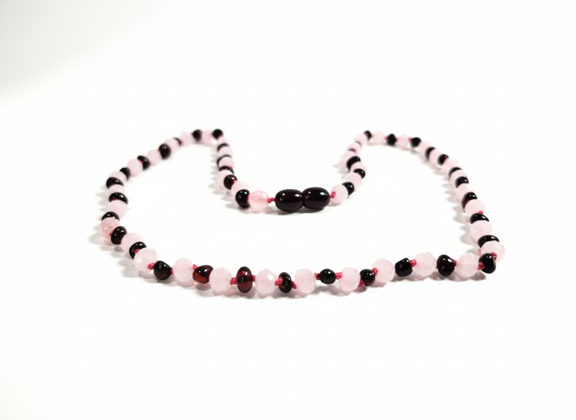 Colar de âmbar adulto - cherry e quartzo rosa contas pequeninas 45cm