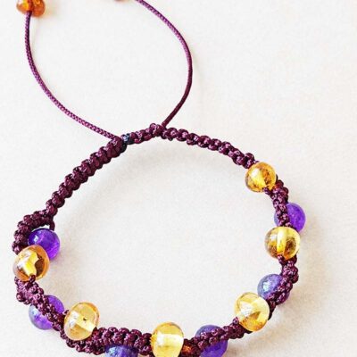 Pulseira Macrame Âmbar Limão Polido e Ametista